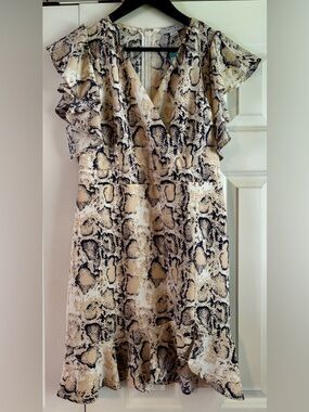 FAVLUX Beige & Black Snake-Print V-Neck Ruffle Midi Dress